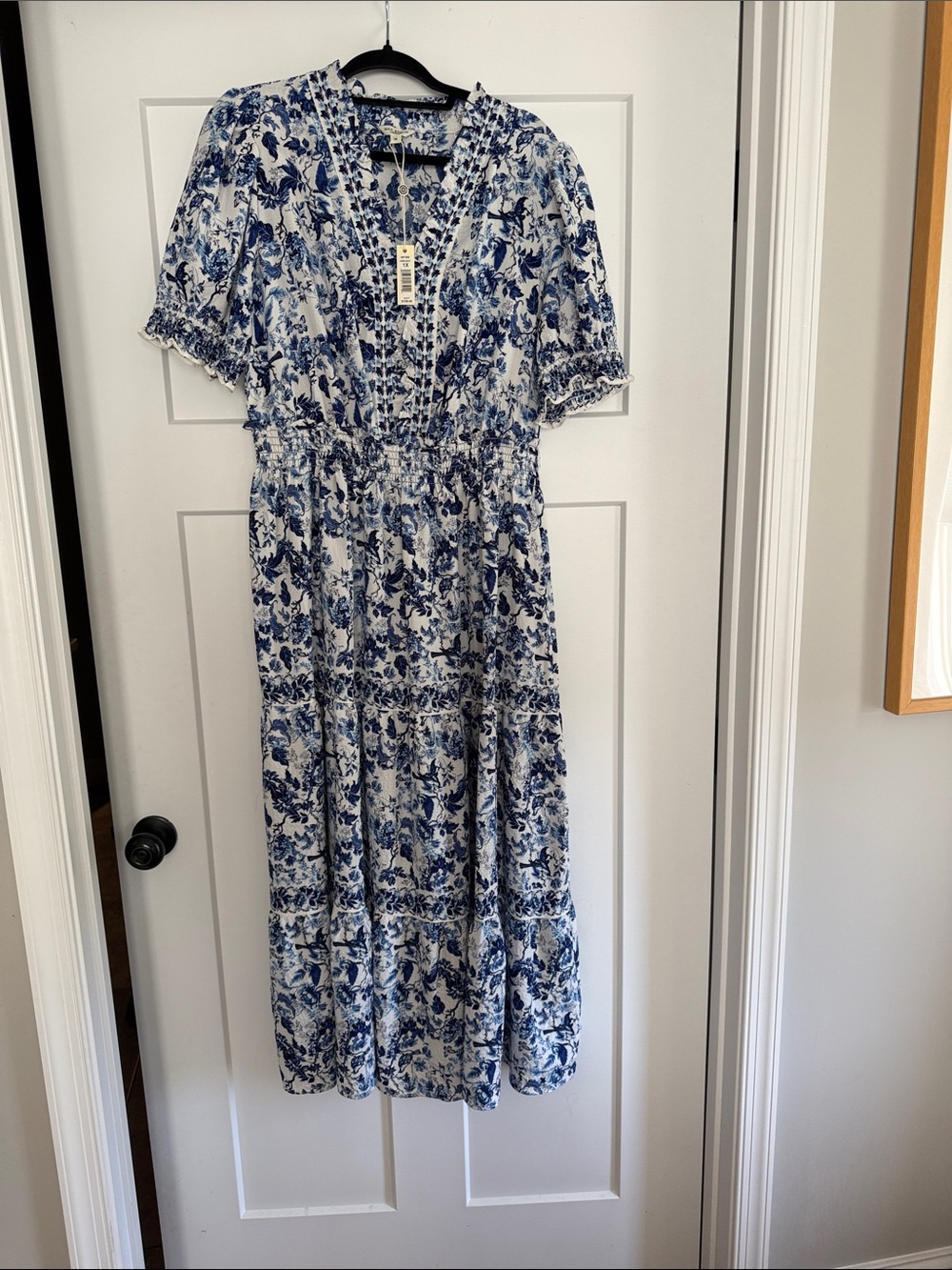 Max Studio Blue and White Floral Tiered Midi Dress